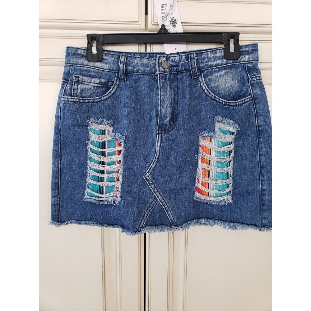 crazy train denim skirt mini distressed southwest‎ western - Picture 2 of 9
